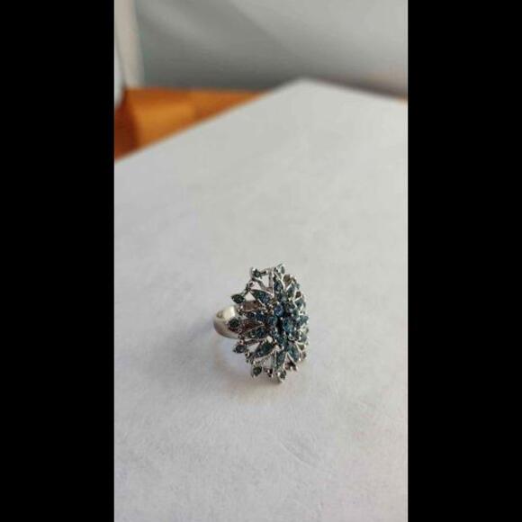Costume Jewelery Ring Silvertone with Aqua faux stones Size 6 - Picture 2 of 3